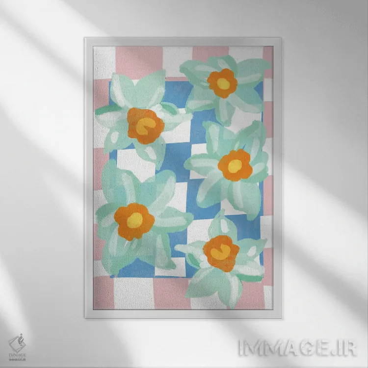 تابلو دکوراتیو نرگس با زمینه شطرنجی آبی و صورتی اثر مامبو آرت استودیو - نمای قابدار سفید