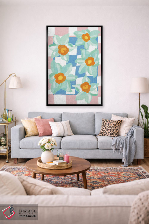 تابلو دکوراتیو نرگس با زمینه شطرنجی آبی و صورتی اثر مامبو آرت استودیو - D2B