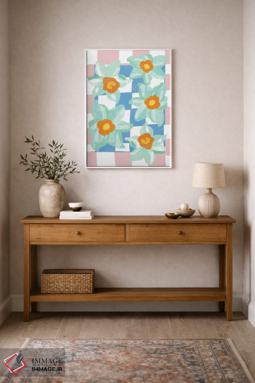 تابلو دکوراتیو نرگس با زمینه شطرنجی آبی و صورتی اثر مامبو آرت استودیو - D1W