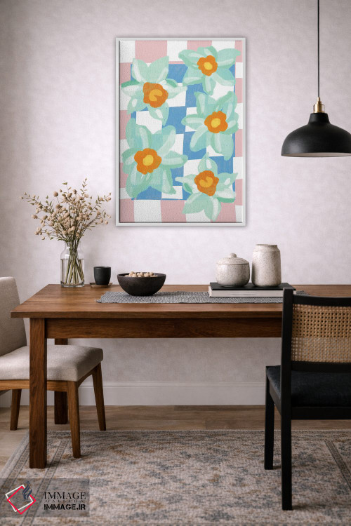 تابلو دکوراتیو نرگس با زمینه شطرنجی آبی و صورتی اثر مامبو آرت استودیو - D4W