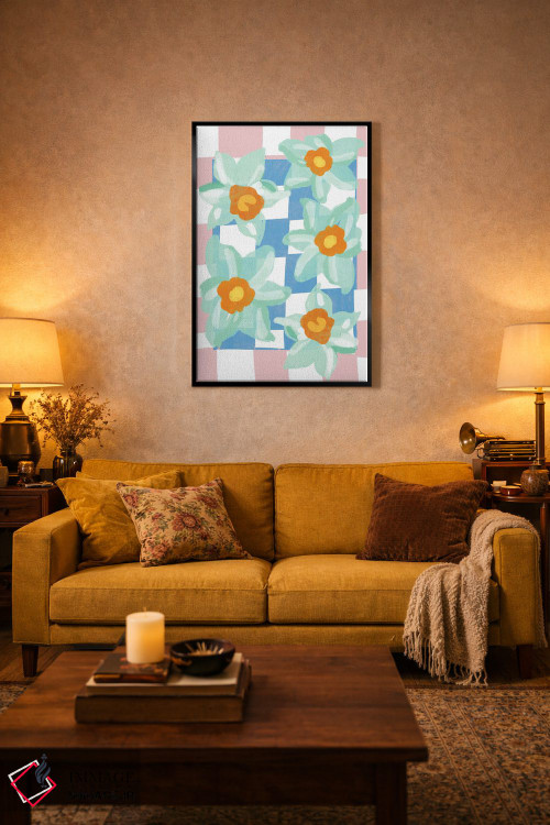 تابلو دکوراتیو نرگس با زمینه شطرنجی آبی و صورتی اثر مامبو آرت استودیو - D5B