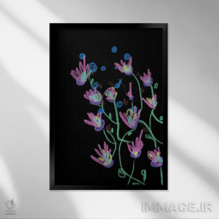 تابلو انتزاعی گل ها در شب اثر مامبو آرت استودیو - نمای قابدار مشکی