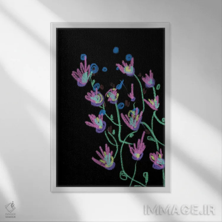 تابلو انتزاعی گل ها در شب اثر مامبو آرت استودیو - نمای قابدار سفید
