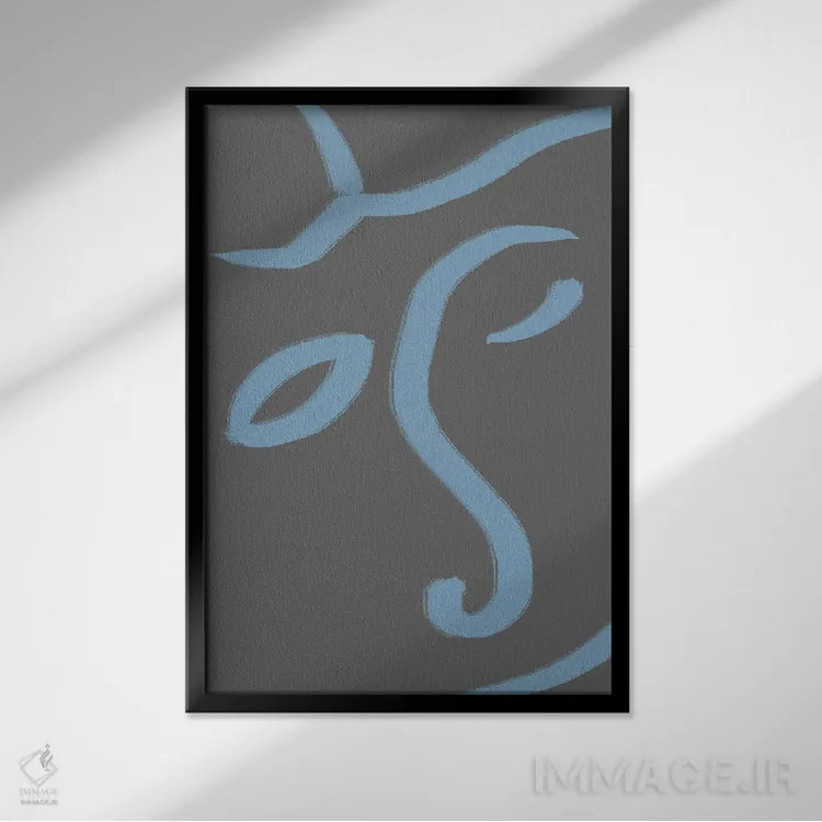 تابلو مینیمال چهره آبی ۳ اثر مامبو آرت استودیو - نمای قابدار مشکی