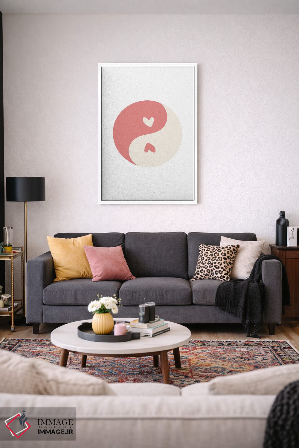 تابلو مینیمال دایره قلب های صورتی یین و یانگ اثر مامبو آرت استودیو - D2W