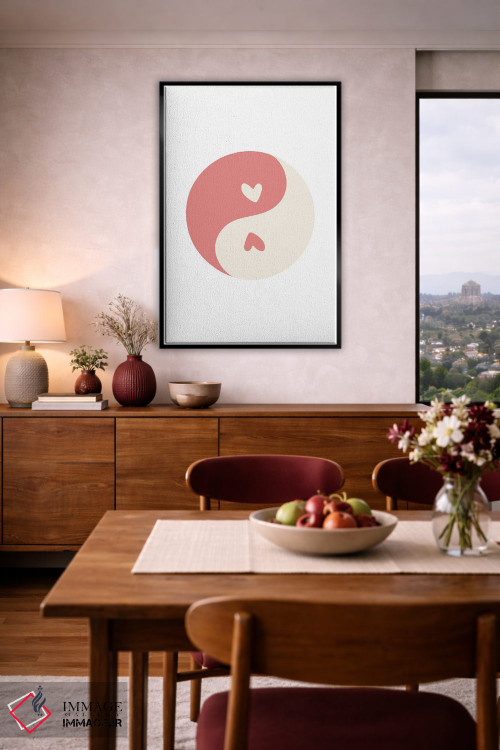 تابلو مینیمال دایره قلب های صورتی یین و یانگ اثر مامبو آرت استودیو - D5B
