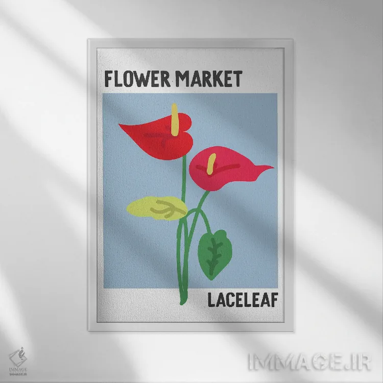 تابلو مینیمال پوستر بازار گل آنتوریوم اثر مامبو آرت استودیو - نمای قابدار سفید