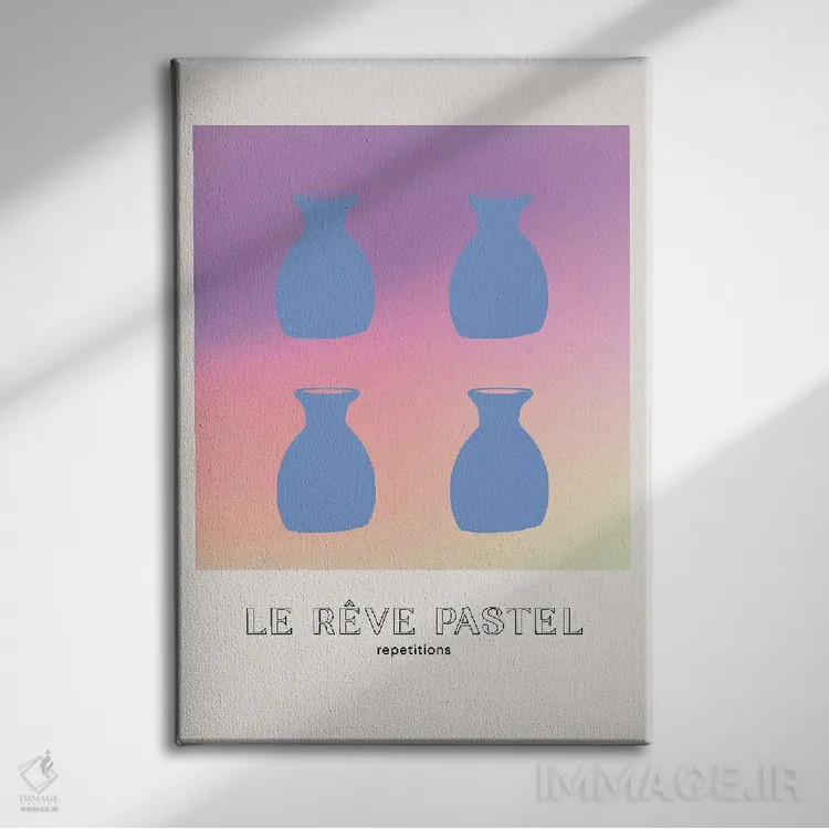 تابلو مینیمال گلدان های رویای پاستلی با گرباورها اثر مامبو آرت استودیو - نمای روبهرو روی دیوار