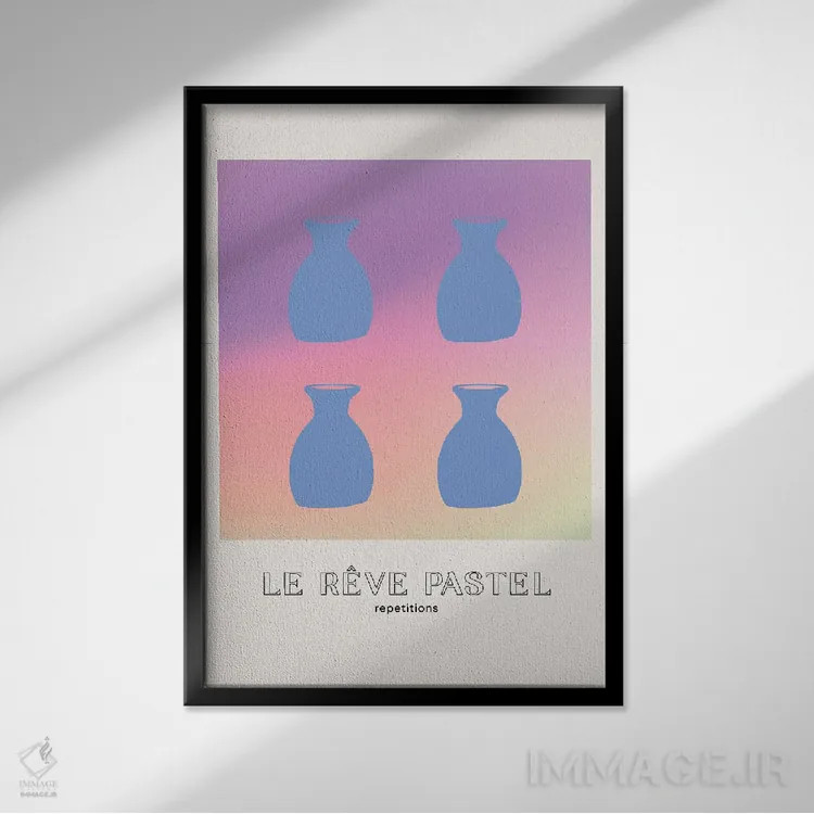 تابلو مینیمال گلدان های رویای پاستلی با گرباورها اثر مامبو آرت استودیو - نمای قابدار مشکی