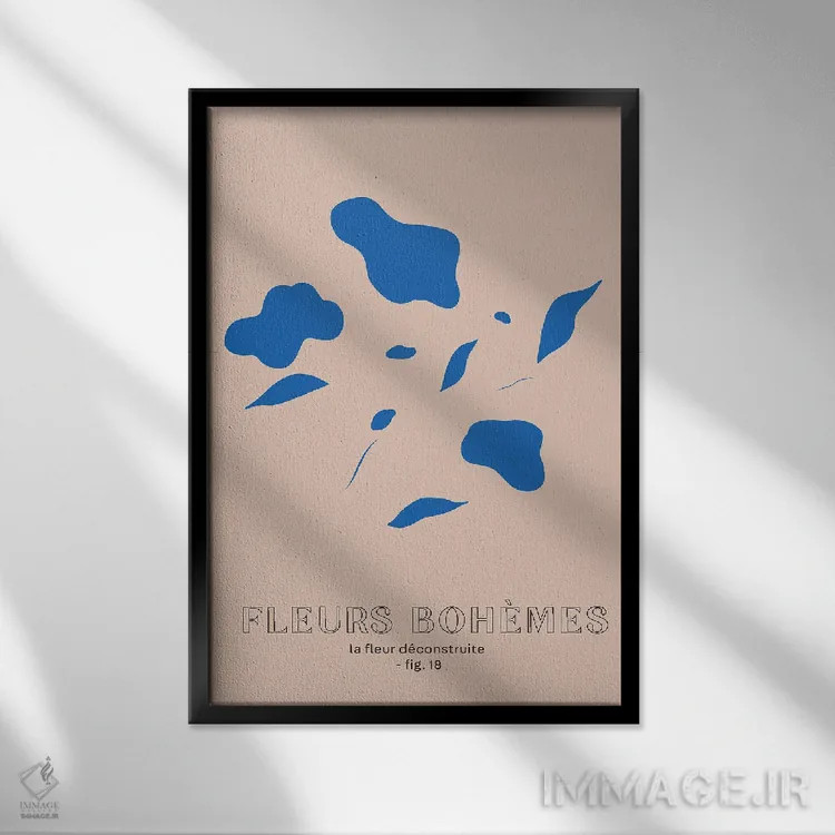 تابلو مینیمال گل های بوهمی؛ آبی اثر مامبو آرت استودیو - نمای قابدار مشکی