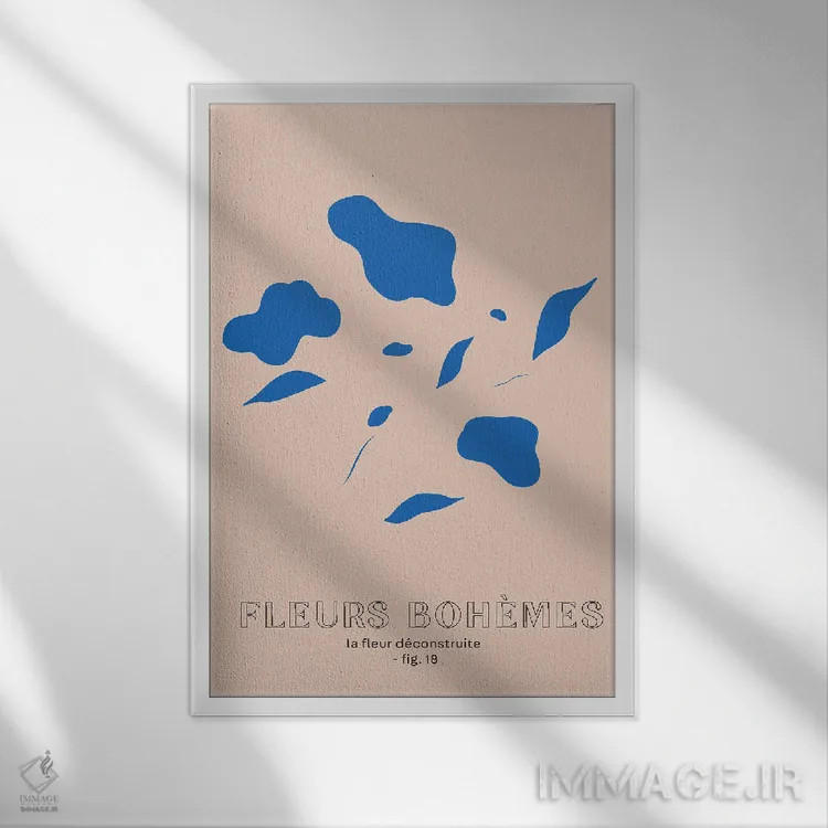 تابلو مینیمال گل های بوهمی؛ آبی اثر مامبو آرت استودیو - نمای قابدار سفید