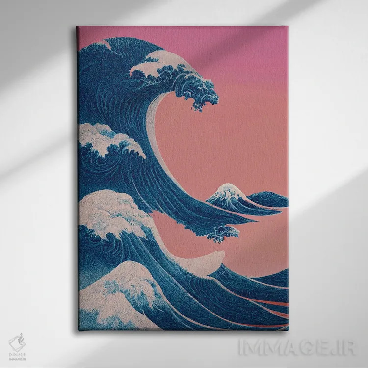 تابلو مدرن موج بزرگ کاناگاوا – پینک ویپر ویو اثر مامبو آرت استودیو - نمای روبهرو روی دیوار