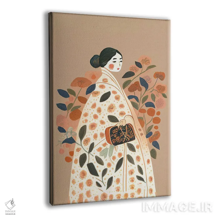 تابلو مدرن دختر با لباس پرگل بزرگ و کیف دستی اثر مامبو آرت استودیو - نمای پرسپکتیو محصول