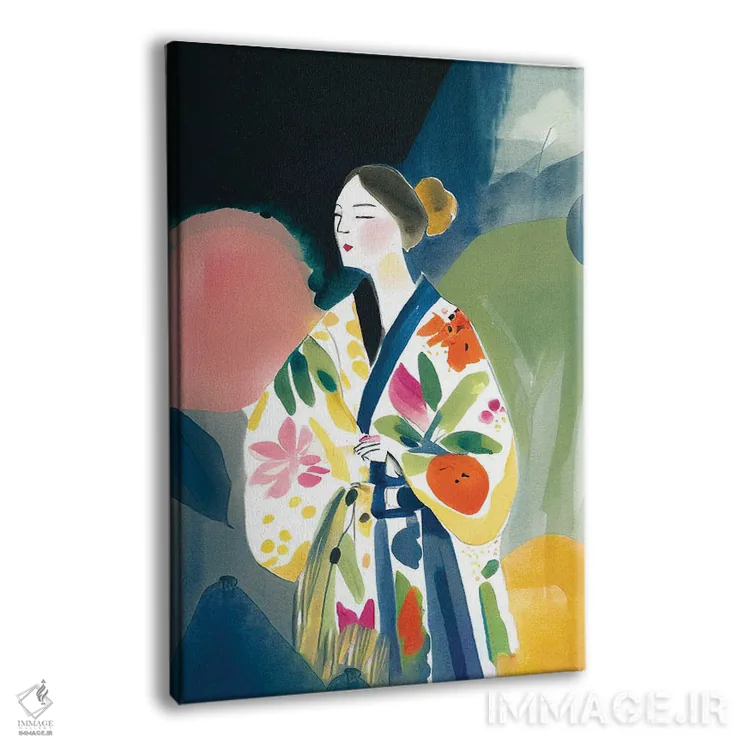 تابلو مدرن دختر با کیمونوی بزرگ و گل ها اثر مامبو آرت استودیو - نمای پرسپکتیو محصول
