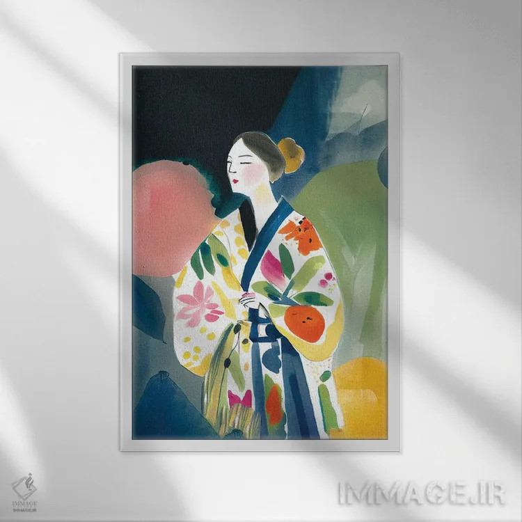 تابلو مدرن دختر با کیمونوی بزرگ و گل ها اثر مامبو آرت استودیو - نمای قابدار سفید