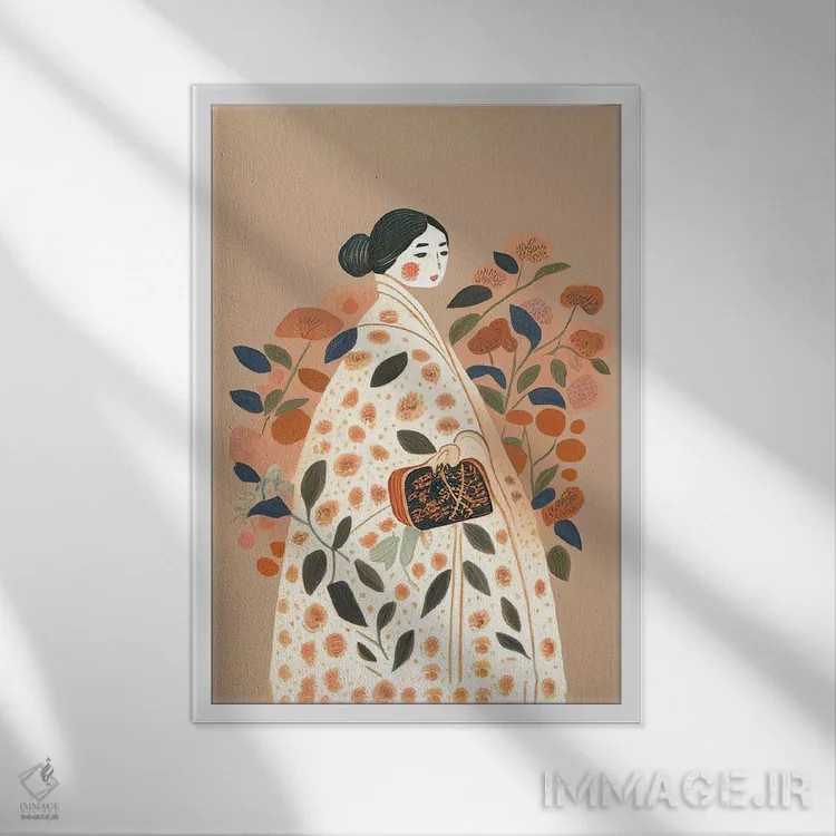 تابلو مدرن دختر با لباس پرگل بزرگ و کیف دستی اثر مامبو آرت استودیو - نمای قابدار سفید