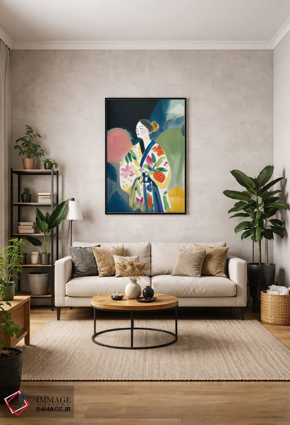 تابلو مدرن دختر با کیمونوی بزرگ و گل ها اثر مامبو آرت استودیو - D1B