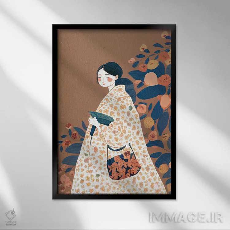 تابلو مدرن دختر با لباس پرگل بزرگ اثر مامبو آرت استودیو - نمای قابدار مشکی