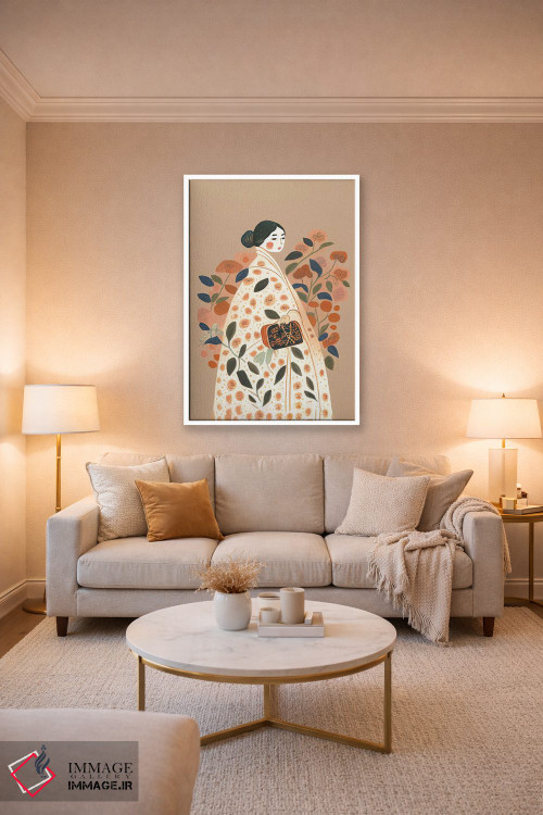 تابلو مدرن دختر با لباس پرگل بزرگ و کیف دستی اثر مامبو آرت استودیو - D4W