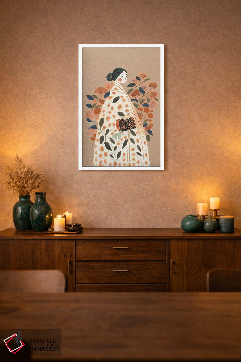 تابلو مدرن دختر با لباس پرگل بزرگ و کیف دستی اثر مامبو آرت استودیو - D2W