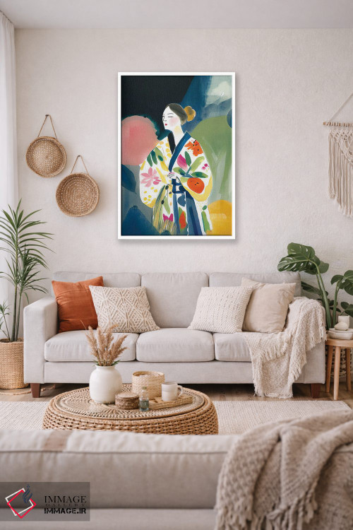 تابلو مدرن دختر با کیمونوی بزرگ و گل ها اثر مامبو آرت استودیو - D3W