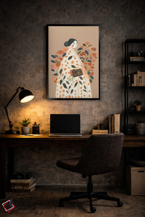 تابلو مدرن دختر با لباس پرگل بزرگ و کیف دستی اثر مامبو آرت استودیو - D6B