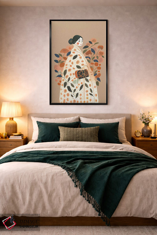 تابلو مدرن دختر با لباس پرگل بزرگ و کیف دستی اثر مامبو آرت استودیو - D5B