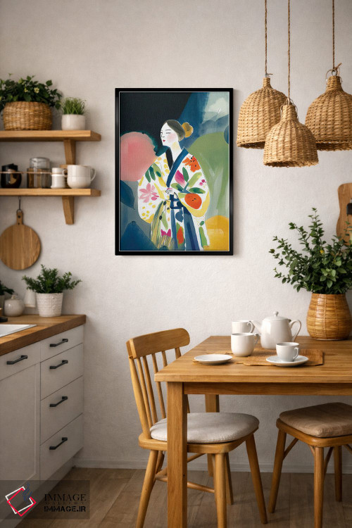 تابلو مدرن دختر با کیمونوی بزرگ و گل ها اثر مامبو آرت استودیو - D6B