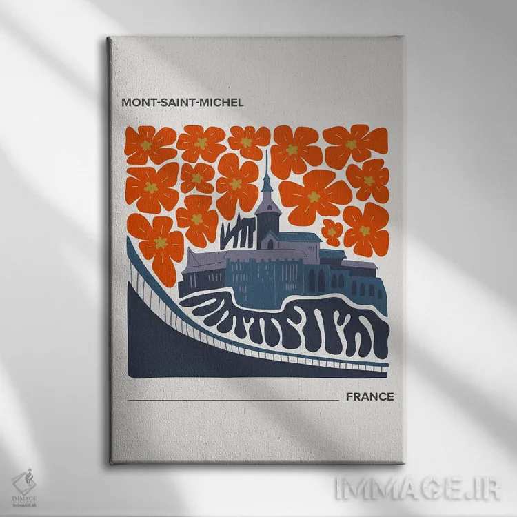 تابلو دکوراتیو پوستر سفر به مون سن میشل با رنگ های گرم اثر مامبو آرت استودیو - نمای روبهرو روی دیوار