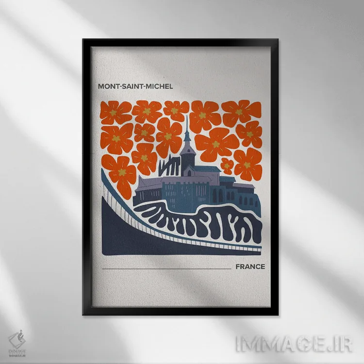 تابلو دکوراتیو پوستر سفر به مون سن میشل با رنگ های گرم اثر مامبو آرت استودیو - نمای قابدار مشکی