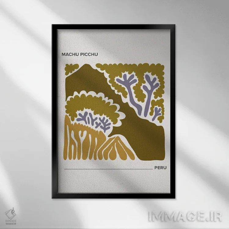 تابلو دکوراتیو پوستر سفر به ماچو پیچو با رنگ های گرم اثر مامبو آرت استودیو - نمای قابدار مشکی