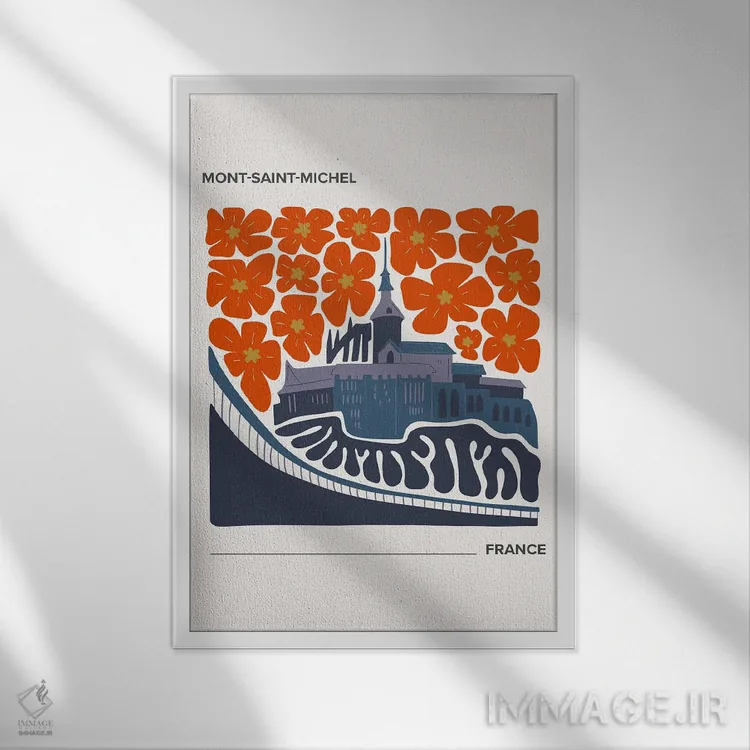 تابلو دکوراتیو پوستر سفر به مون سن میشل با رنگ های گرم اثر مامبو آرت استودیو - نمای قابدار سفید