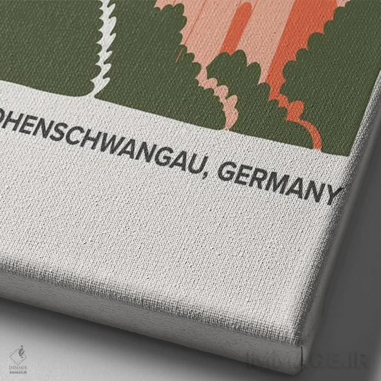 تابلو دکوراتیو پوستر سفر به قلعه نوی شوان شتاین با رنگ های گرم اثر مامبو آرت استودیو - نمای نزدیک بافت بوم