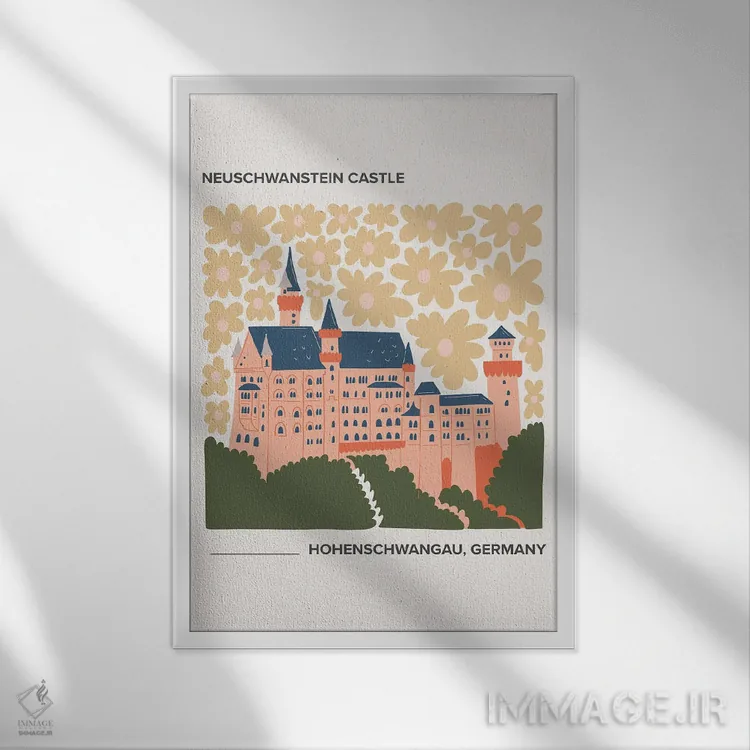 تابلو دکوراتیو پوستر سفر به قلعه نوی شوان شتاین با رنگ های گرم اثر مامبو آرت استودیو - نمای قابدار سفید