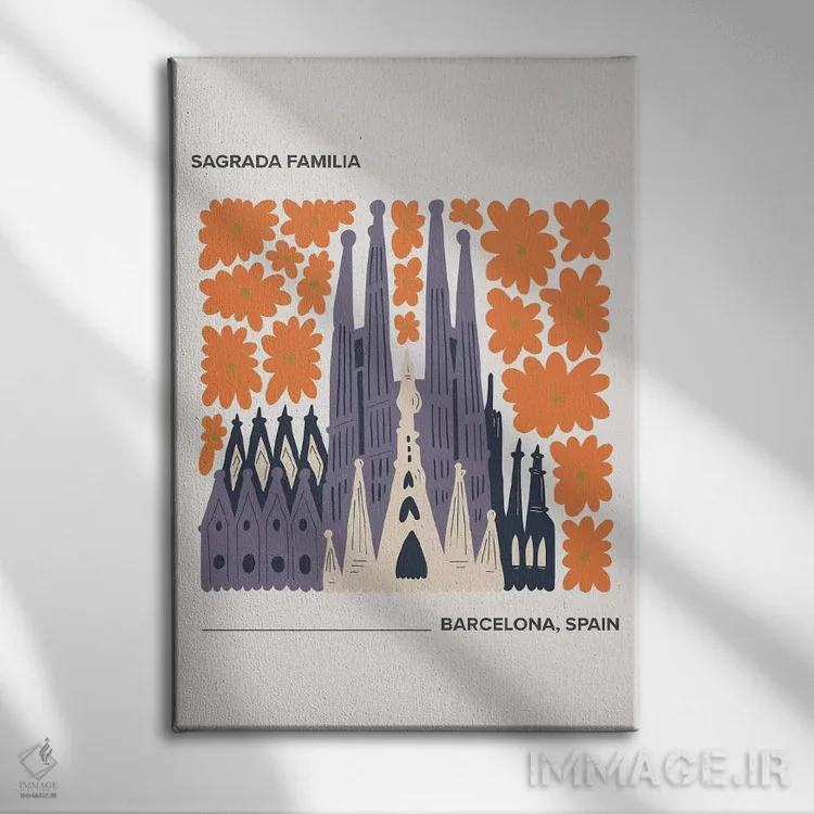 تابلو دکوراتیو Barcelona, Spain, Warm Colours Illustration Travel Po… اثر مامبو آرت استودیو - نمای روبهرو روی دیوار