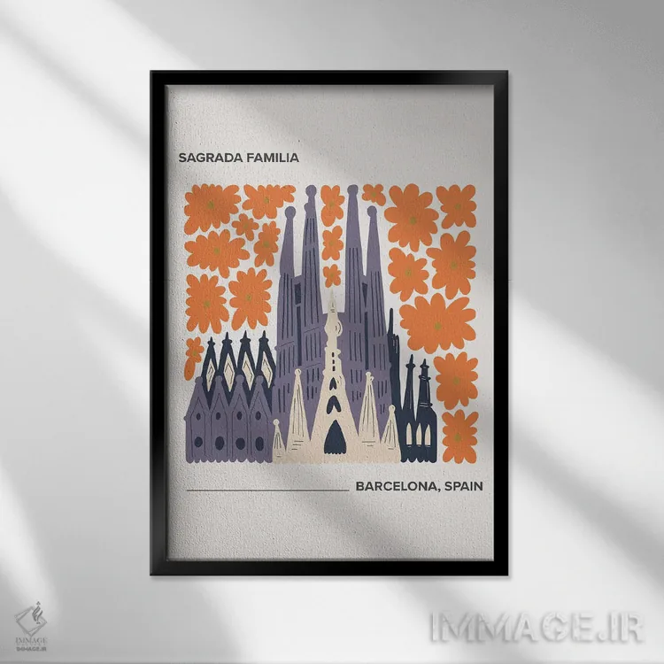 تابلو دکوراتیو Barcelona, Spain, Warm Colours Illustration Travel Po… اثر مامبو آرت استودیو - نمای قابدار مشکی