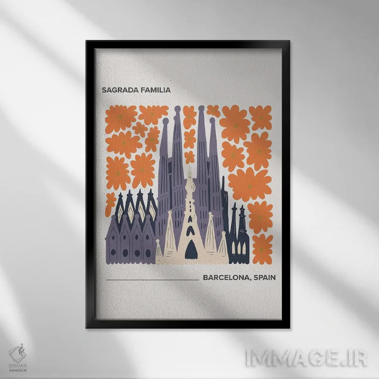 تابلو دکوراتیو Barcelona, Spain, Warm Colours Illustration Travel Po… اثر مامبو آرت استودیو - نمای قابدار مشکی