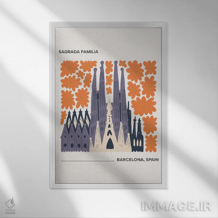 تابلو دکوراتیو Barcelona, Spain, Warm Colours Illustration Travel Po… اثر مامبو آرت استودیو - نمای قابدار سفید