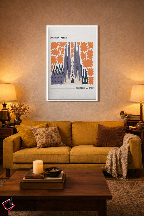 تابلو دکوراتیو Barcelona, Spain, Warm Colours Illustration Travel Po… اثر مامبو آرت استودیو - D2W