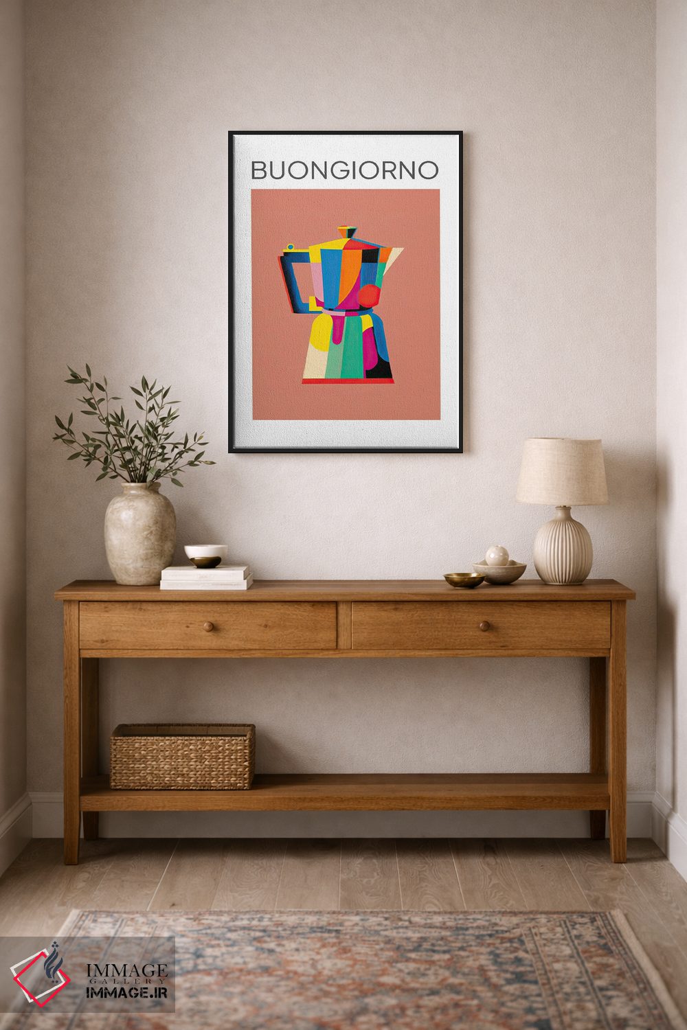 تابلو دکوراتیو قهوه جوش موکا ایتالیایی رنگارنگ، بونجورنو اثر مامبو آرت استودیو - D2B