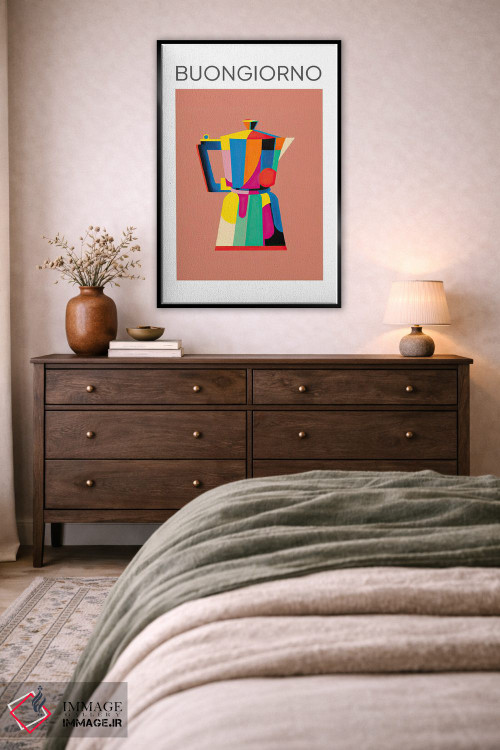 تابلو دکوراتیو قهوه جوش موکا ایتالیایی رنگارنگ، بونجورنو اثر مامبو آرت استودیو - D5B