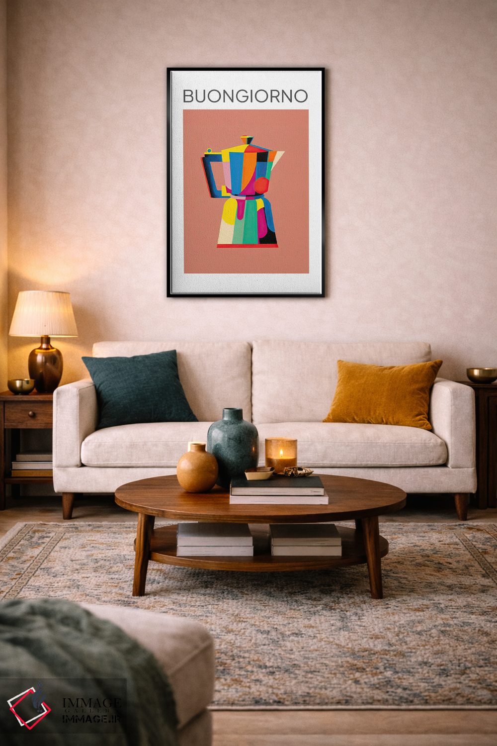 تابلو دکوراتیو قهوه جوش موکا ایتالیایی رنگارنگ، بونجورنو اثر مامبو آرت استودیو - D6B