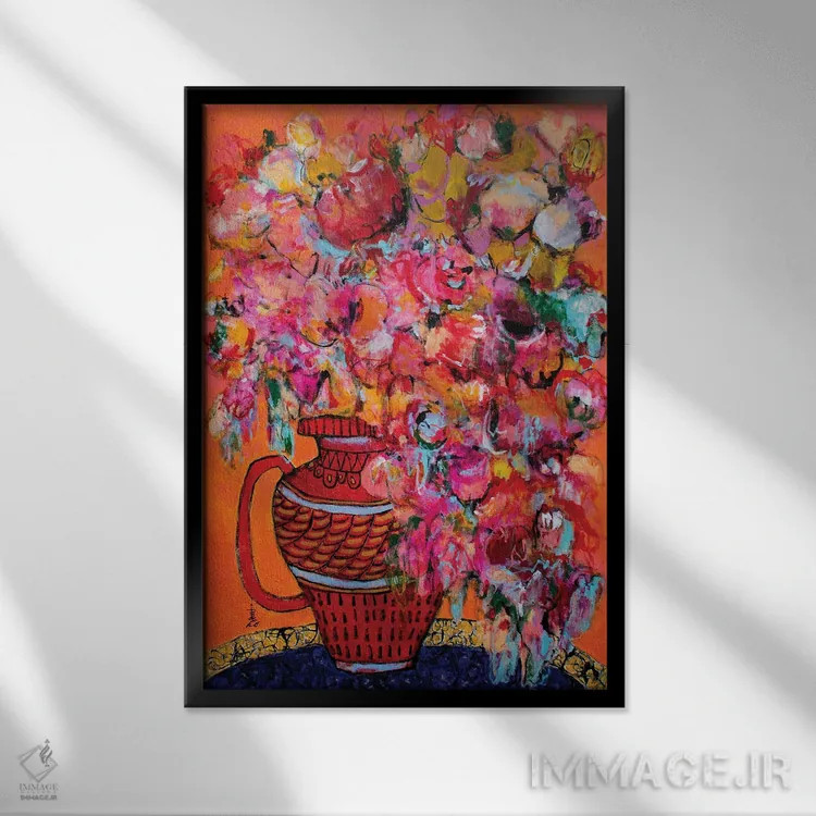 تابلو دکوراتیو گلدان قرمز دسته دار اثر میساکو چیدا - نمای قابدار مشکی
