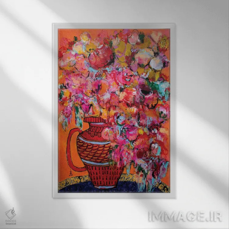 تابلو دکوراتیو گلدان قرمز دسته دار اثر میساکو چیدا - نمای قابدار سفید