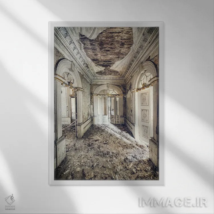 تابلو دکوراتیو راهرو سفید و طلایی اثر مایکل شوآن - نمای قابدار سفید