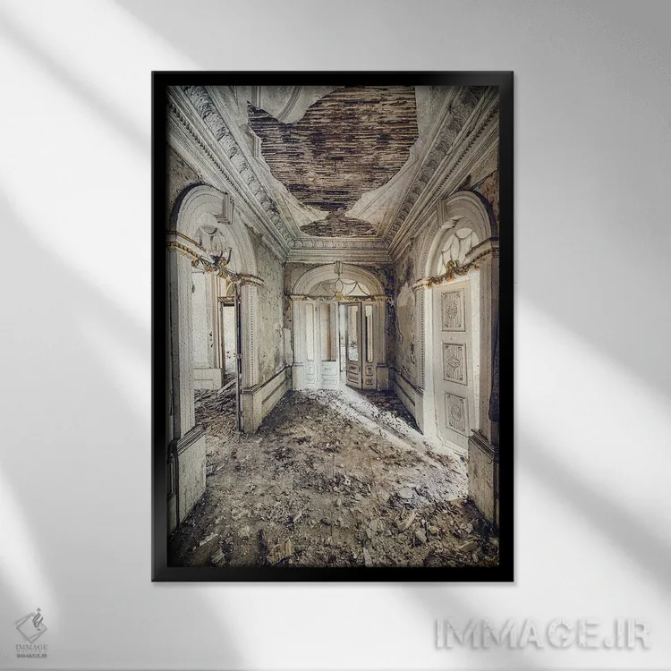 تابلو دکوراتیو راهرو سفید و طلایی اثر مایکل شوآن - نمای قابدار مشکی