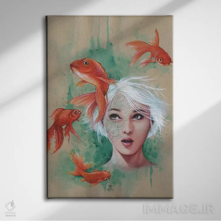 تابلو دکوراتیو دوشیزه با ماهی ها اثر میستگری - نمای روبهرو روی دیوار