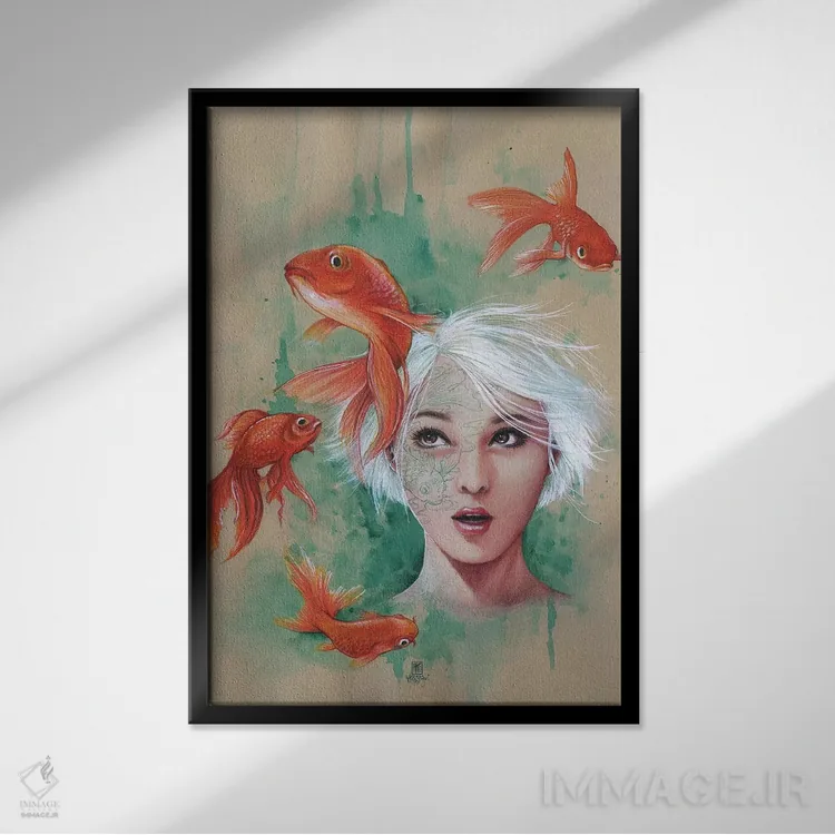 تابلو دکوراتیو دوشیزه با ماهی ها اثر میستگری - نمای قابدار مشکی