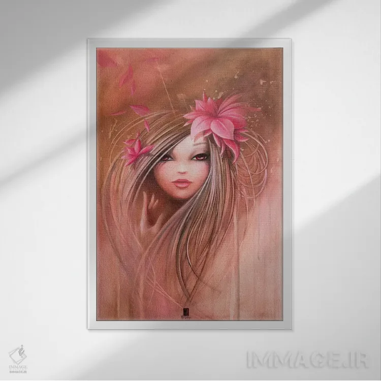 تابلو دکوراتیو دختر صورتی شیرین اثر میستگری - نمای قابدار سفید