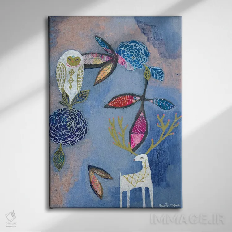 تابلو مینیمال جغد و گوزن اثر متی رز - نمای روبهرو روی دیوار